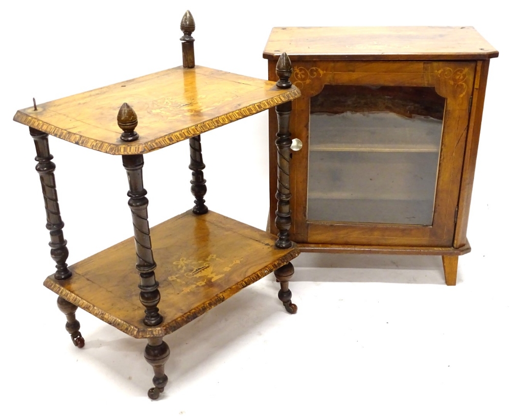 A Victorian walnut whatnot, with marquetry and parquetry decoration, the top now in two separate