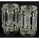 A pair of cut glass table lustres, each with prismatic drops, 20cm H.