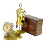 A collection of items, to include a Continental brass inkstand, with green enamel leaves, a large