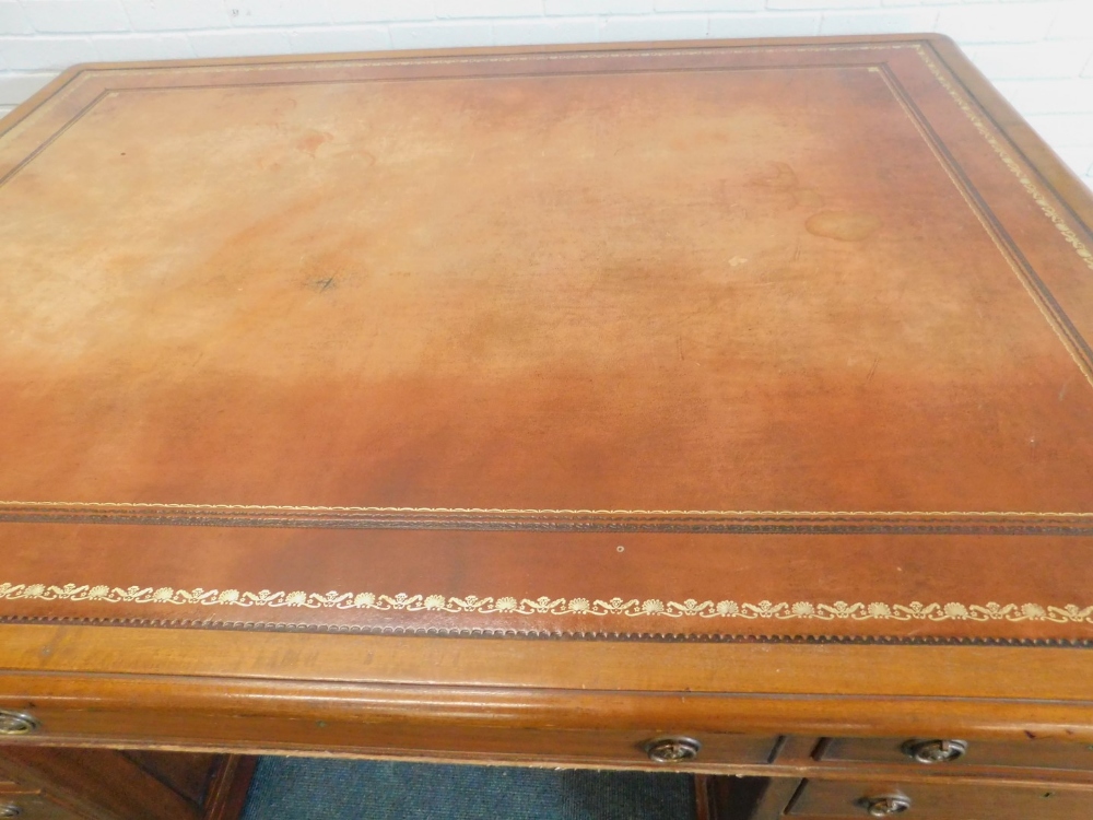 A late 19th/early 20thC mahogany partners desk in George III style, the rectangular top with a brown - Image 2 of 2