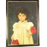 20thC School. Portrait of a young girl with poppies, oil on board, 77cm x 53cm.