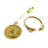 A Victorian full gold sovereign pin, dated 1887, mounted to yellow metal pin, 9.9g all in,