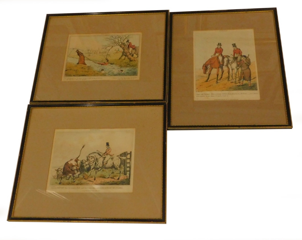 After Henry Alken. Coloured hunting prints, titled Notions (2) and Ideas, 8cm x 24cm (a set of 3).