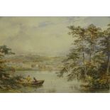 19thC British School. River scene with anglers in a rowing boat, watercolour, 26.5cm x 36.5cm. Label