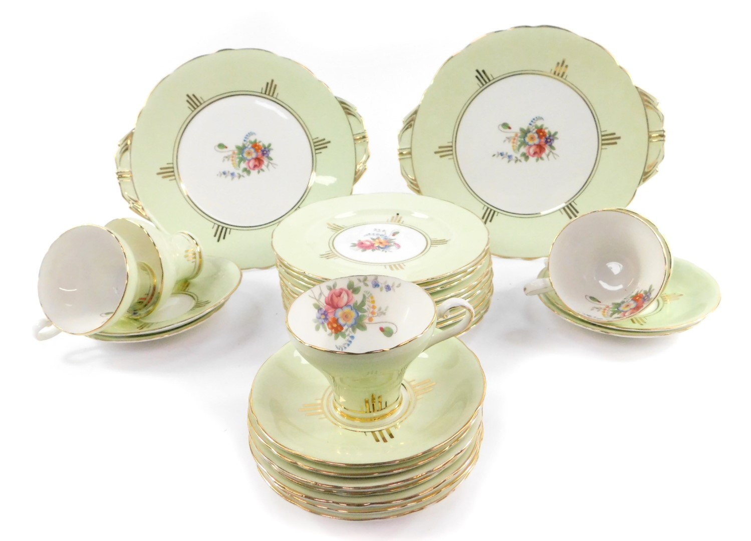 An early 20thC Aynsley porcelain part tea service, decorated with floral sprays against an eau de