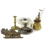 Miscellaneous items, to include hatpins, early 19thC brass candlestick, silver plated chamberstick