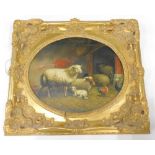 STC York. Stable scene with sheep, lamb and chickens, oil on board, oval, 48cm x 59cm.