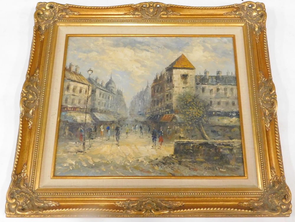 V Bergen. Continental street scene, possibly Paris, oil on canvas, 50cm x 60cm.