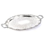 An oval two handled silver plated tray, decorated with a band of vine leaves and grapes, and