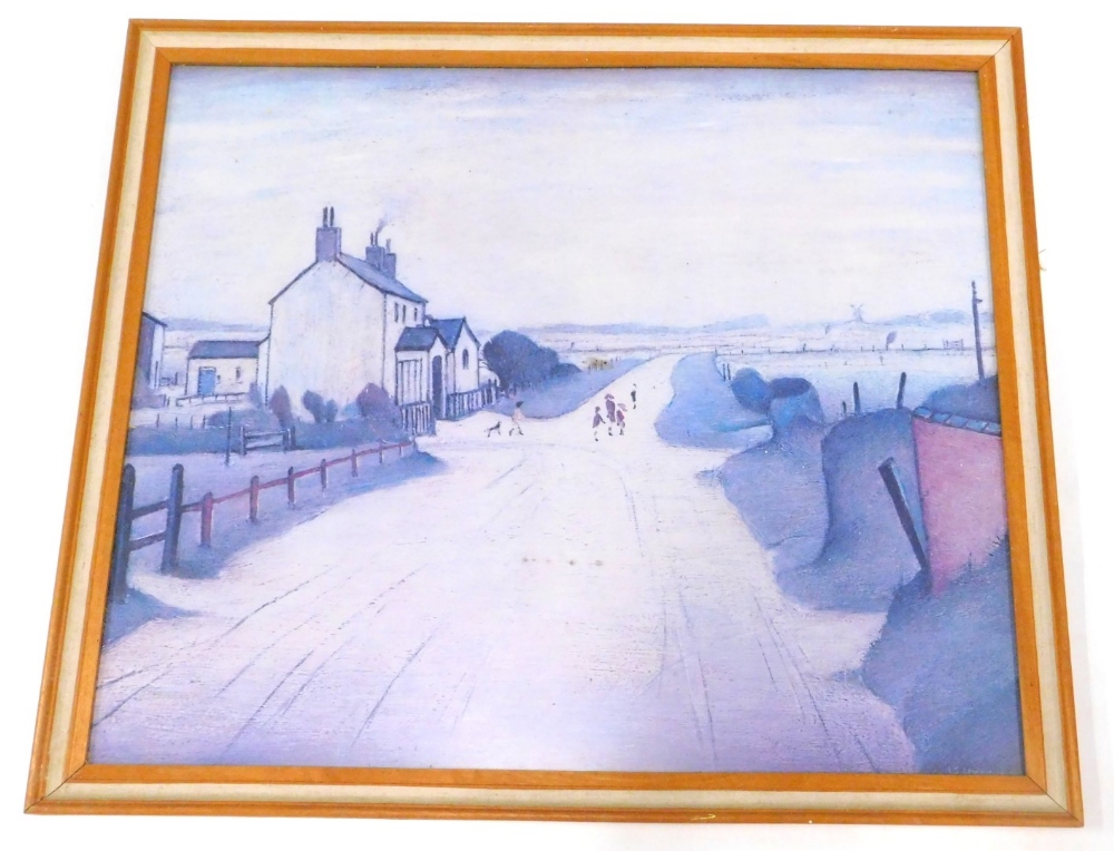 After L S Lowry. Figures beside a farmhouse, etc., coloured print, 53cm x 63cm.