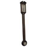 A mahogany chequer banded stick barometer by Comitti and Son of London, with a silvered dial, the