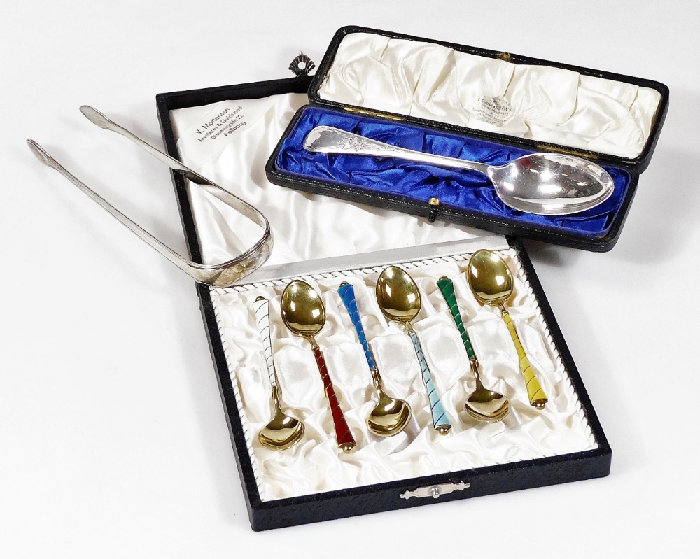 Various silver, etc. a cased set of six sterling silver gilt and enamel bean spoons, in varying