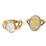 A 9ct gold and opal ring, oval set, size L/M, and a 9ct gold and moonstone ring, high set, size L,