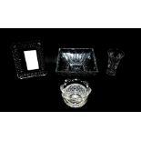 A Waterford Crystal strut photograph frame, 22.5cm H, 17.5cm W, square cut glass bowl, 23cm Dia,