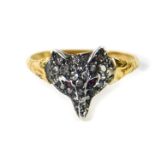 An 18ct gold ruby and diamond ring, formed as a fox's head, size Q, 2.0g.