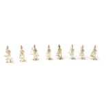 Eight Chinese figural menu holders, modeled standing, white metal, 5cm H.