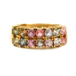 A 9ct gold and sapphire multi coloured ring, with two rows of vary coloured stones, size N/O, with