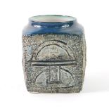 A Troika late 20thC pottery vase, of cube form, with geometric decoration, painted mark, artist's