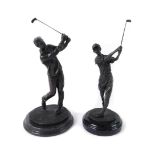 A late 20thC bronze sculpture of a golfer, modelled standing swinging his club, raised on a circular