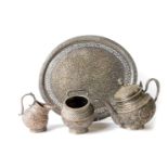 A late 19thC Indian Kashmiri four piece tea set, comprising teapot, sugar bowl, cream jug and oval
