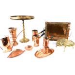 A John Pearson Arts & Crafts copper twin handled rectangular tray, 39.5cm W, copper vase, three