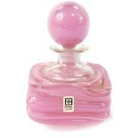 A Mdina pink glass scent bottle and stopper, of square form with trailed horizontal decoration, etch