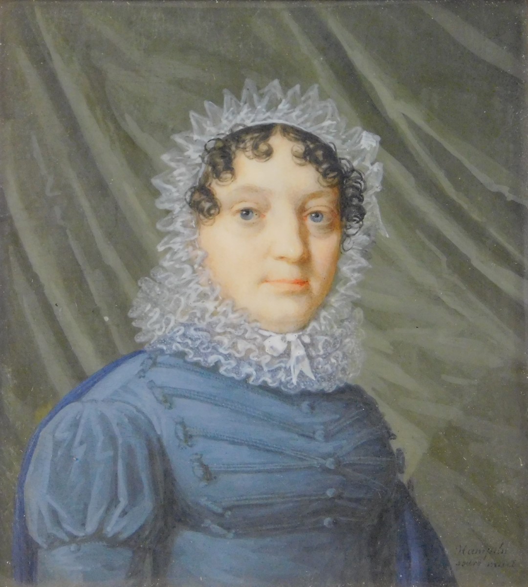 An early 19thC portrait miniature, half length study of a lady in a blue dress with lace collar - Image 2 of 2