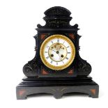 A French late 19thC slate and marble mantel clock, circular enamel dial with visible Brocot