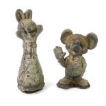 A vintage mid 20thC metal figure modelled as Mickey Mouse, silver painted, 15cm H, together with a
