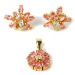 A pair of 18ct gold and Ceylon padparadscha sapphire earrings, of floral form, together with a