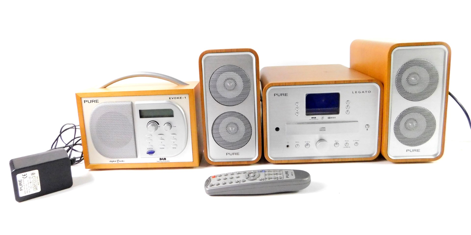 A Pure Evoke -1 Digital Radio, Pure Legato CD player, and a pair of pure speakers, with
