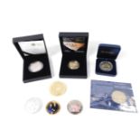 Commemorative coins, including a 2008 UK Queen Elizabeth I £5 silver proof coin, Britannia 1oz £2