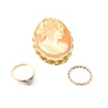 A 9ct gold and shell cameo brooch, bust portrait of a lady, 9.3g, an 18ct gold platinum and