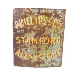 An enamel sign for Phillips & Cos Stamford Ales and Stout, yellow lettering against a blue ground,