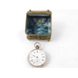 A gentleman's silver cased pocket watch, open faced, key less wind, circular enamel dial bearing