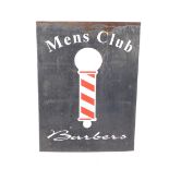 An enamel sign Mens Club Barbers, white lettering and a white and red stripe barber's pole,