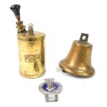 A brass ship's bell, 14.5cm Dia., together with a Moore & Company ship's medical supplies brass