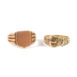 A 9ct rose gold gentleman's shield shape signet ring, size U, together with an 18ct gold belt and