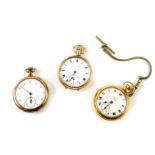 Three early 20thC gentleman's gold plated pocket watches, open faced, keyless wind, enamel dials