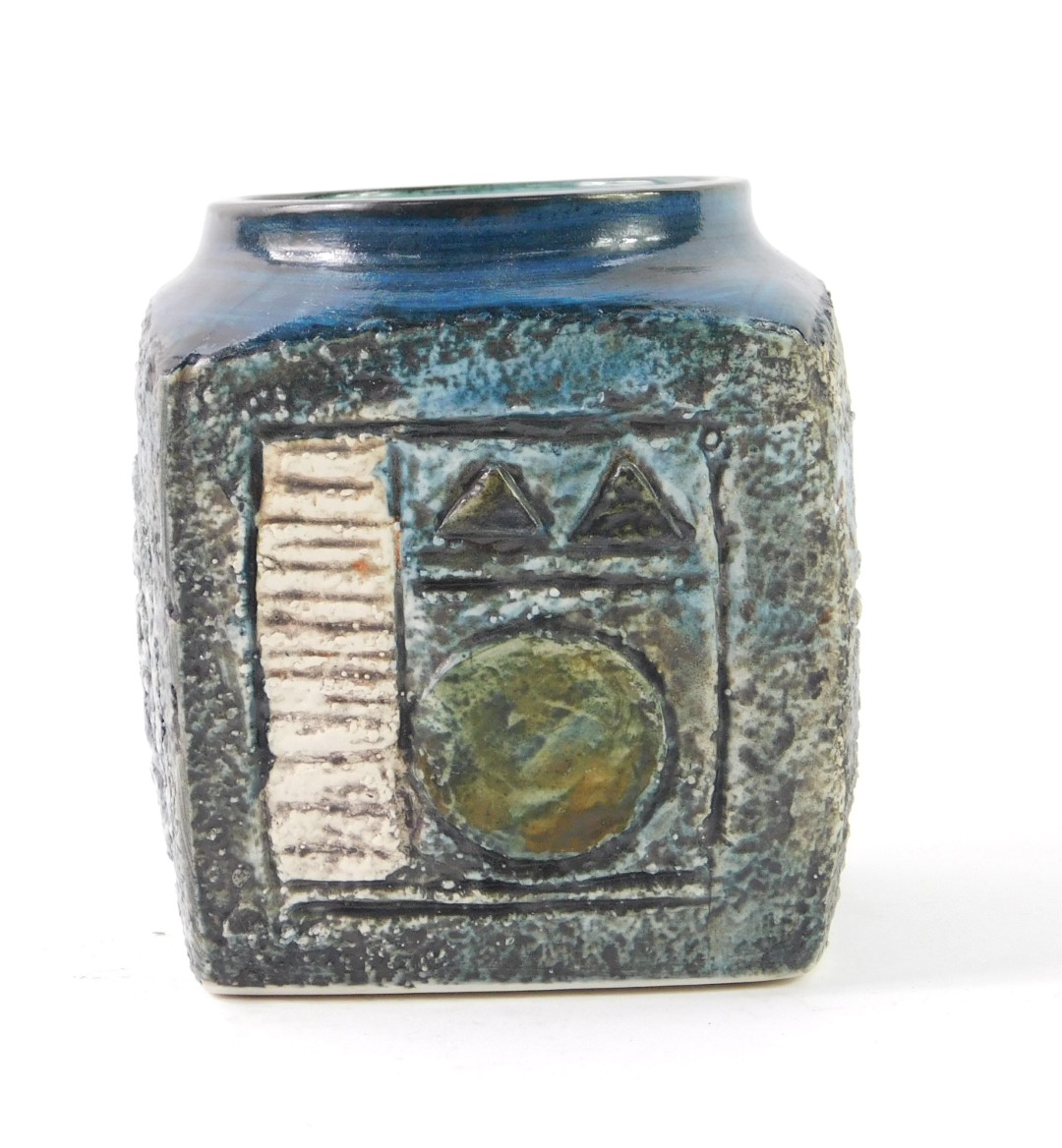 A Troika late 20thC pottery vase, of cube form, with geometric decoration, painted mark, artist's - Image 4 of 6