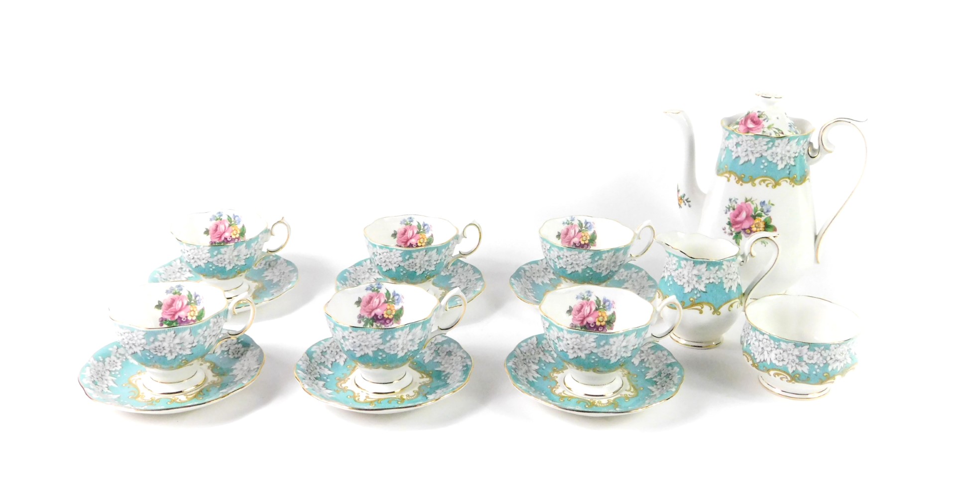 A Royal Albert porcelain part coffee service, decorated in the Enchantment pattern, comprising