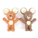 Two Vintage Bendy rubber mouse figures, two shades of brown, 15cm H.