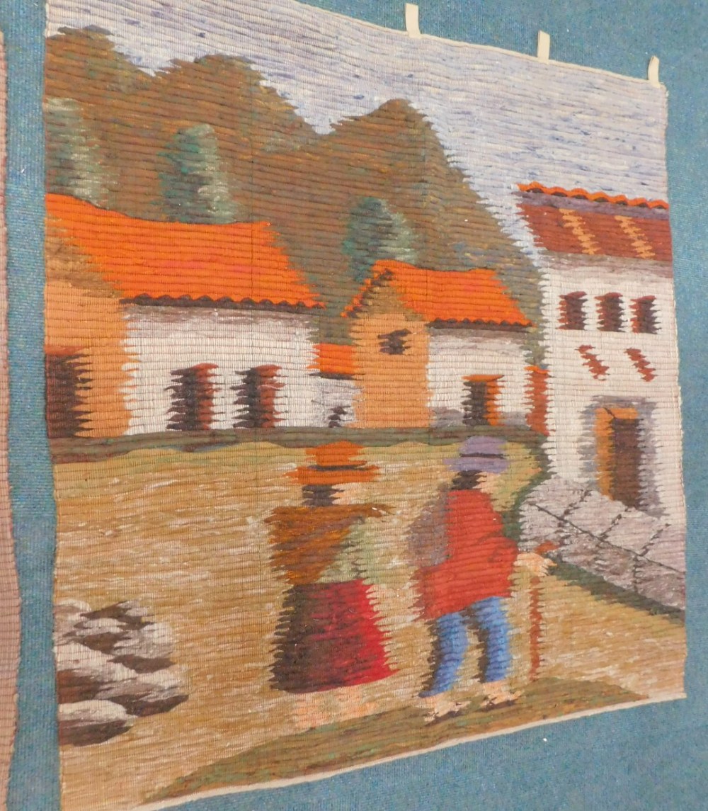 Two similar woven tapestries, each decorated with buildings, figures, etc. - Image 3 of 3