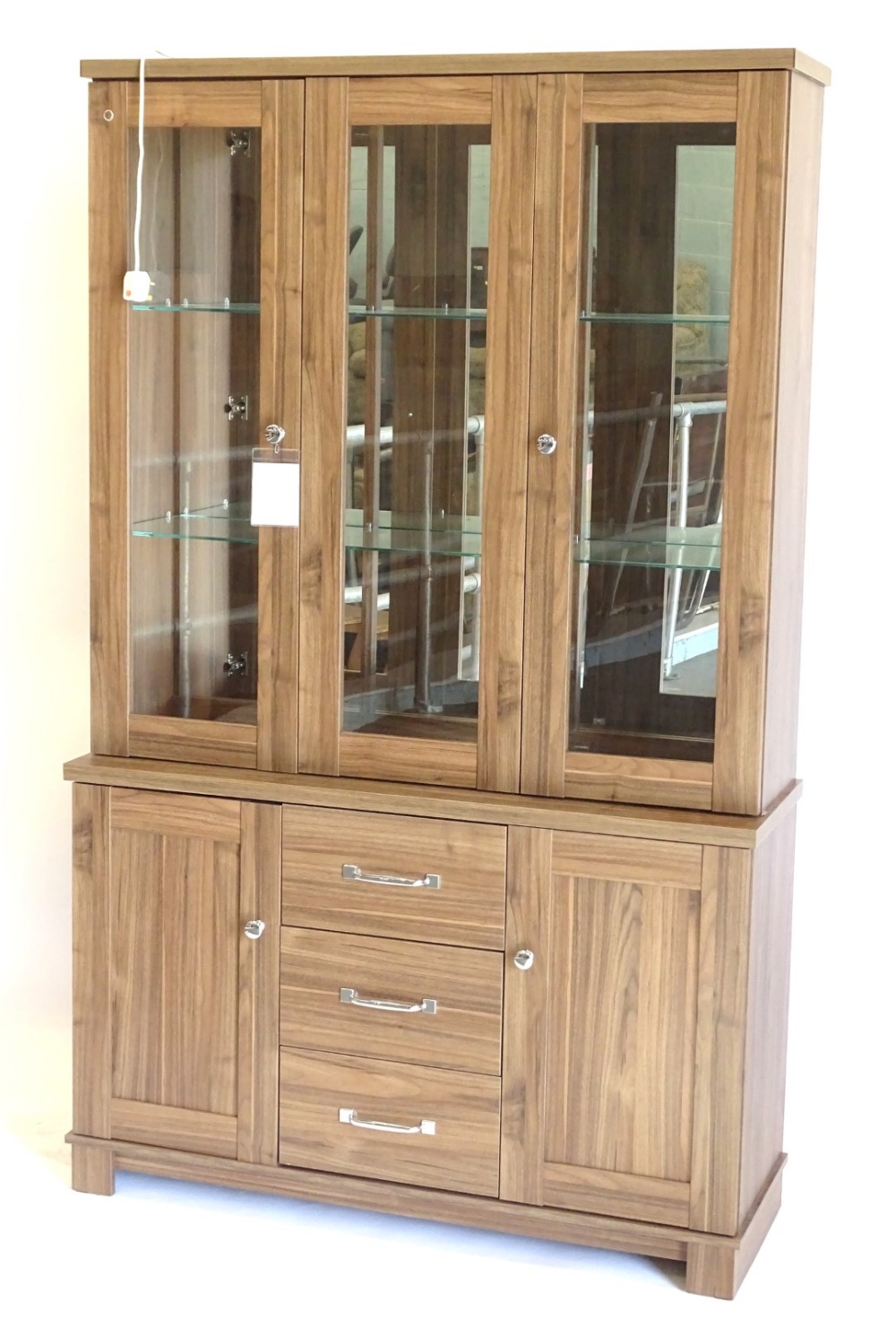 An ex shop display Dalton large walnut effect dresser, with two glazed