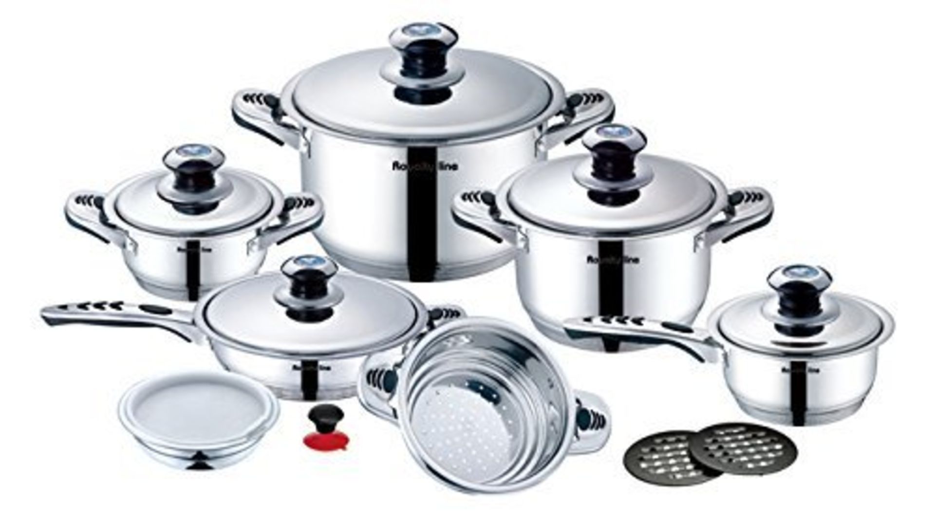 V Brand New 16pc Precision Royalty Line Switzerland Stainless Steel Cooking Set With Glass Lids