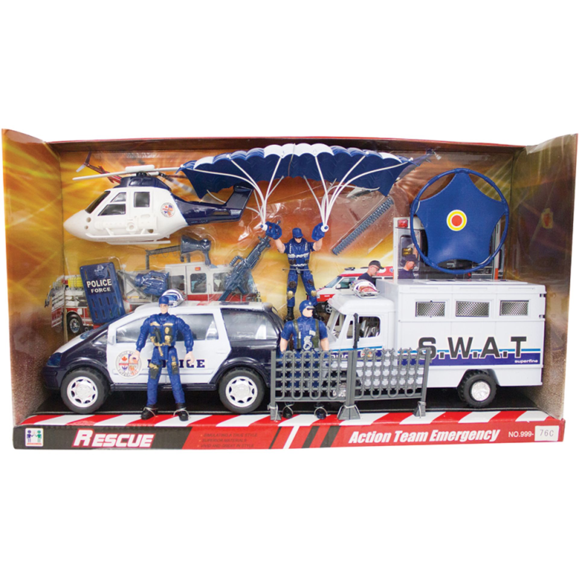 V Brand New Action Team Emergency Rescue Play Set With Helicopter - Police Car SWAT Vehicle -