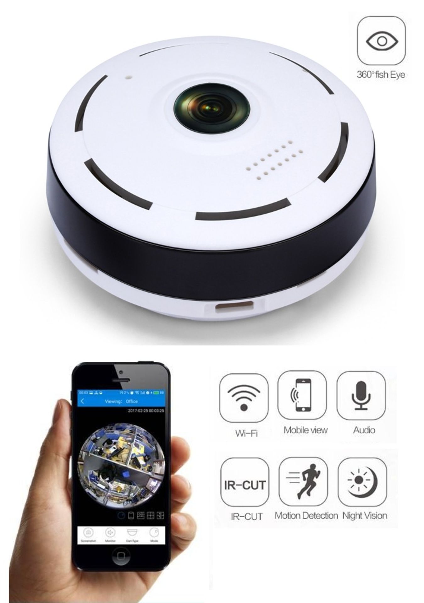 Brand New 360 Degree WiFi Smart "Smoke Alarm" Ceiling Camera - Two Way Voice Intercom - Plug & Play