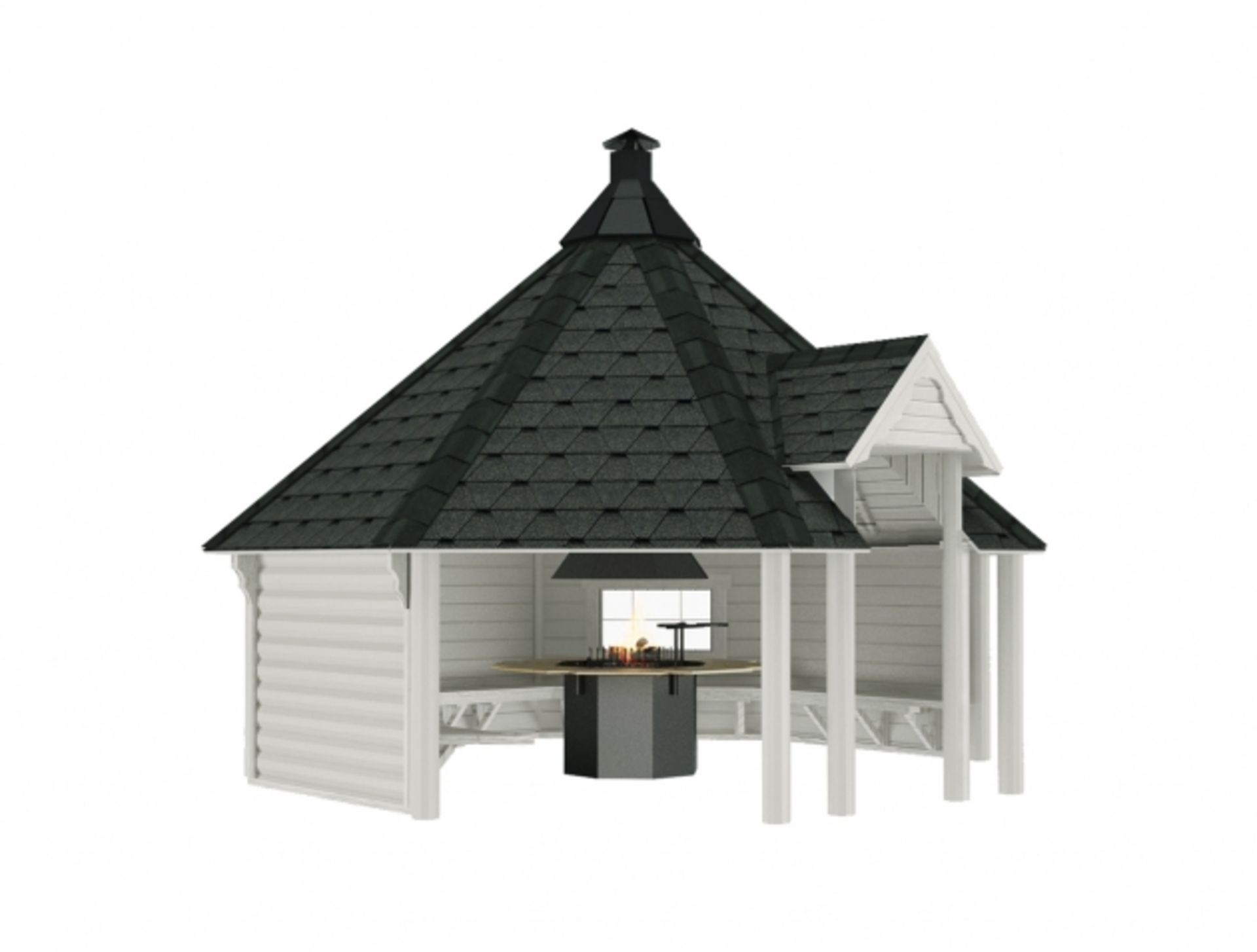 Brand New 14.9m sq Open Grill Cabin with 6 Wooden Pillars - Bitumen Roof Shingles - Includes