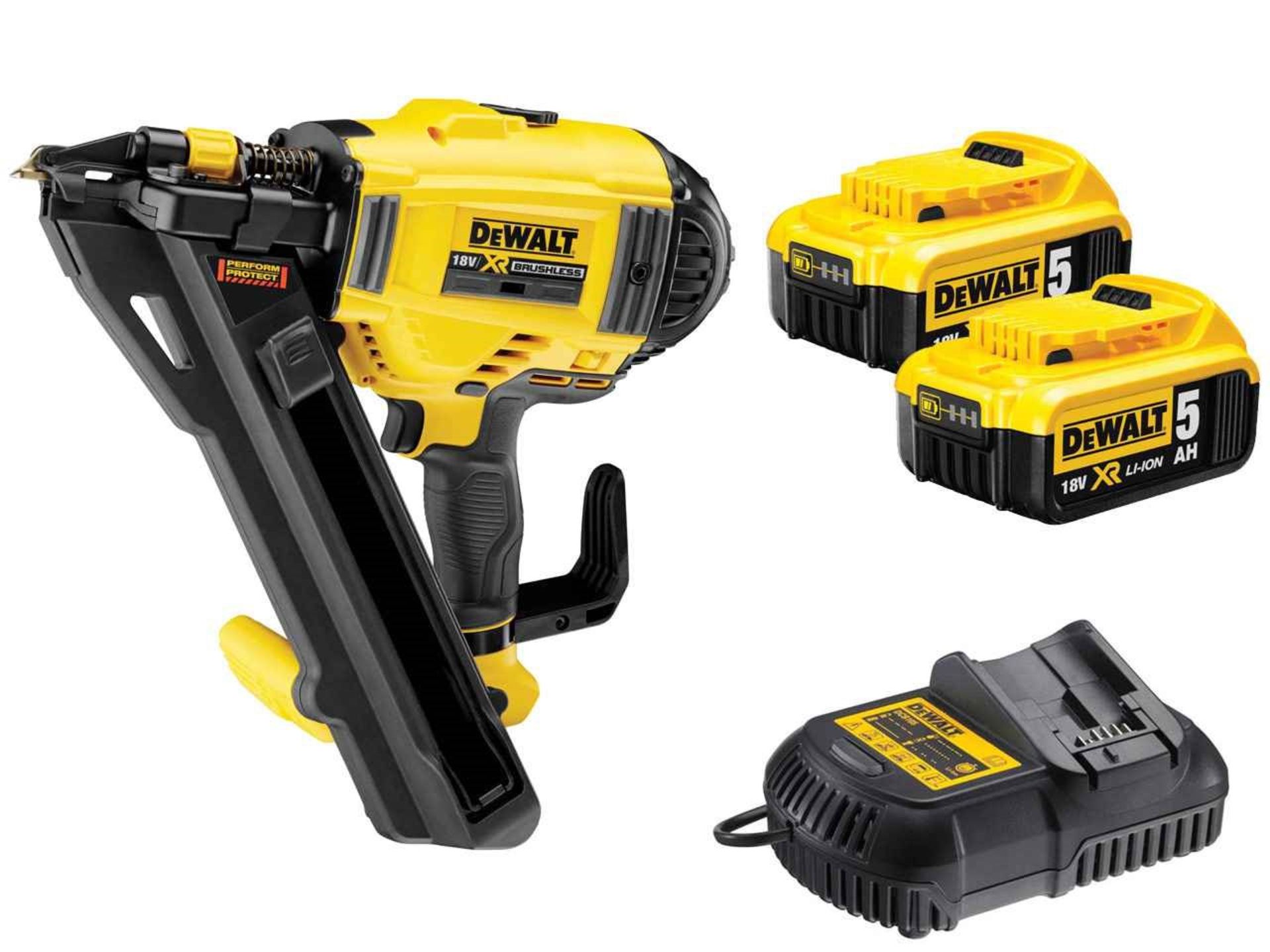 V Brand New DeWalt DCN694P2 18V XR Lithium Ion 5.0Ah Brushless Positive Placement Nailer With Two