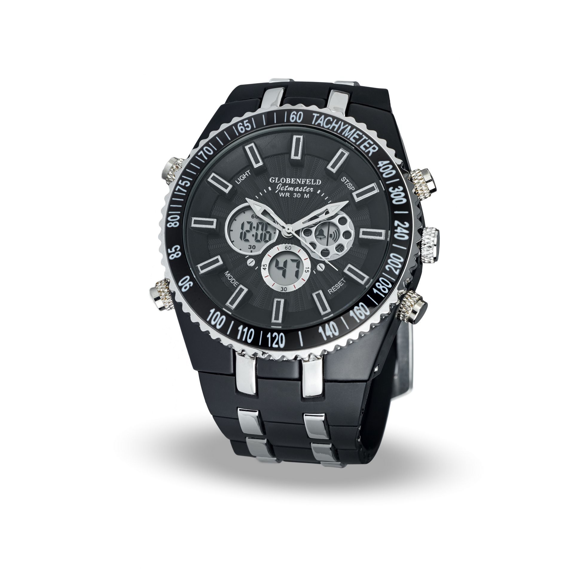V Brand New Gents Globenfeld Black Face Jetmaster Watch - Three Digital Dials - Backlit - Water